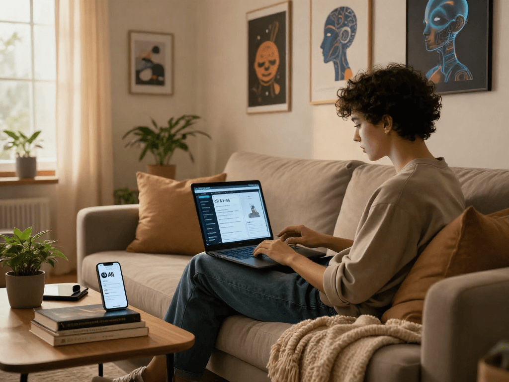 A cozy lifestyle scene with an individual exploring AI technology, engaging with a laptop and smartphone in a modern living room setting. ai slut.