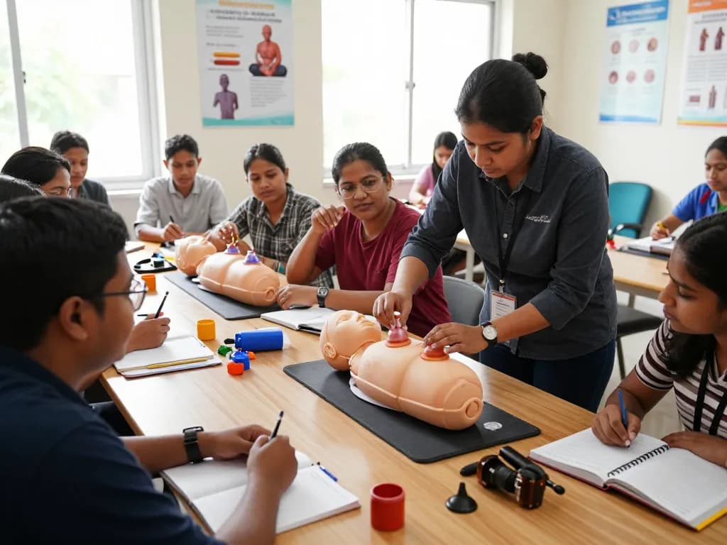 Engaged students learning the Accredited hijama course in a hands-on therapy classroom setting.