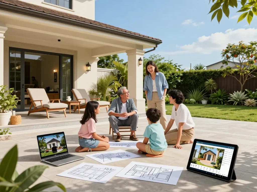 Interactive veranda configurator in use by family brainstorming design ideas in a sunny outdoor setting.