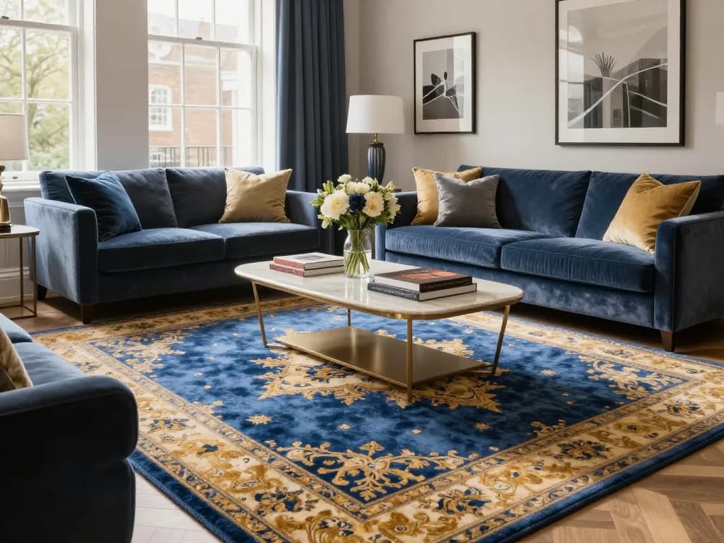 Luxury carpets London beautifully adorn a modern living room with plush furnishings and elegant decor.