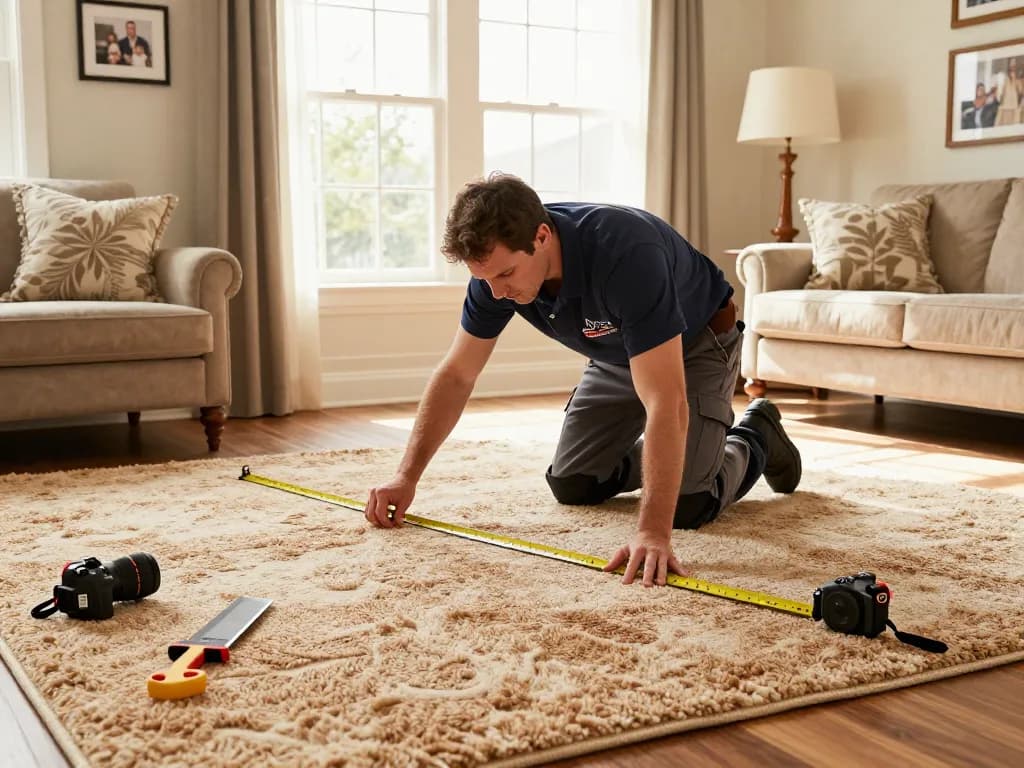 Professional carpet fitter near me measuring carpet in a cozy living room, showcasing expertise and inviting atmosphere.