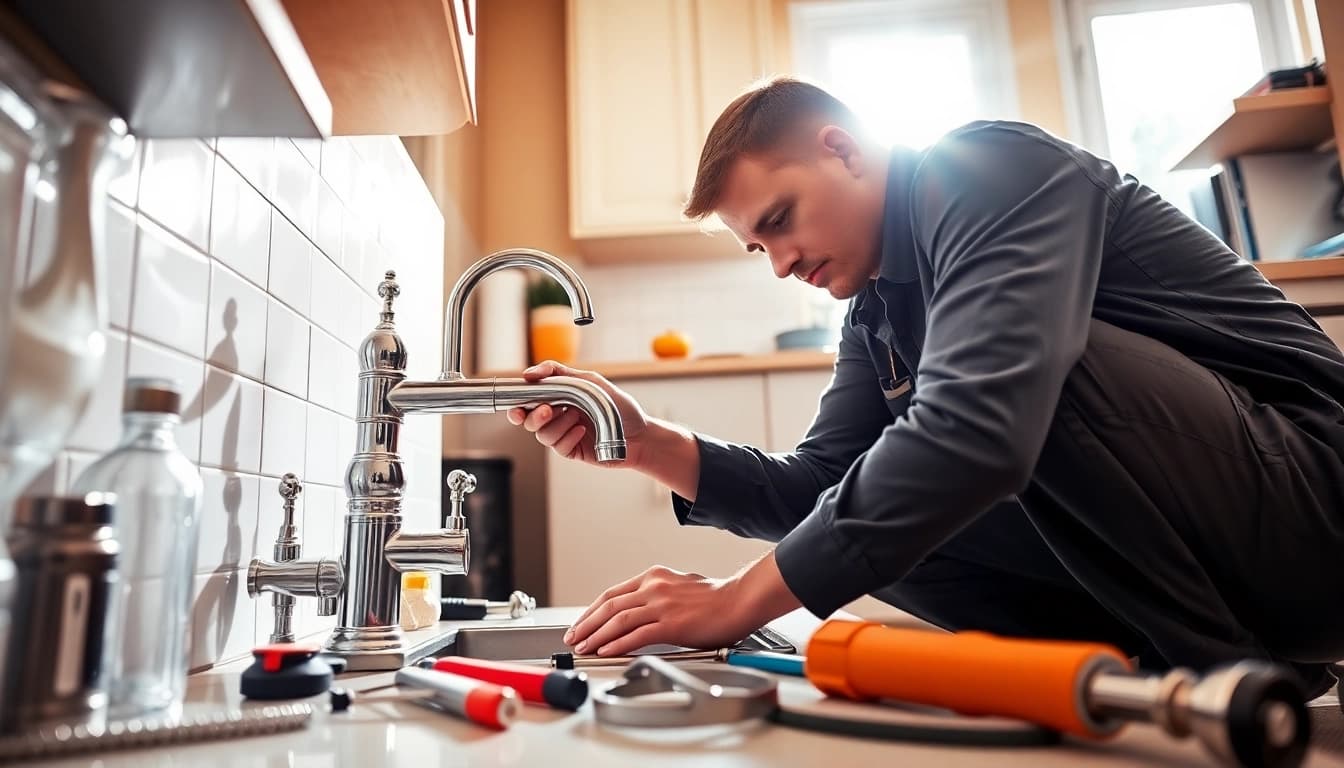 Expert plumber near me repairing a kitchen faucet, demonstrating professionalism and skill.