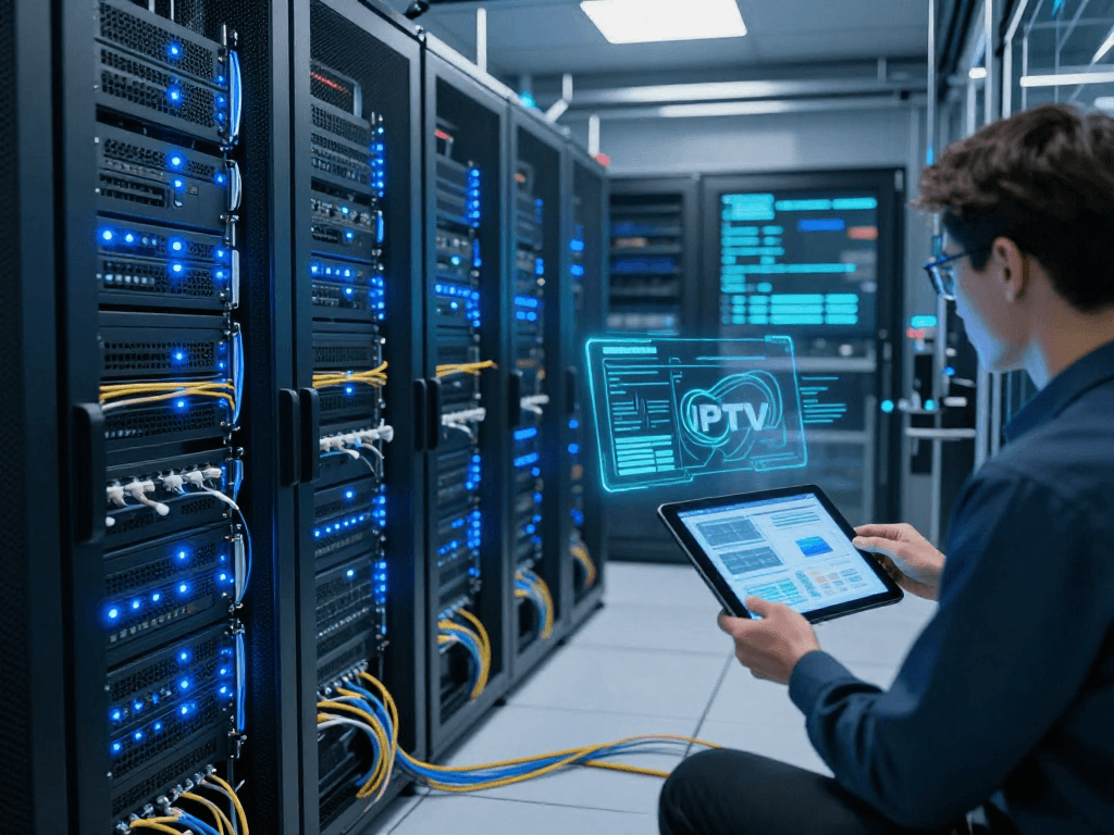 Iptv reseller panel in a modern data center showcasing cloud services and cybersecurity technology.