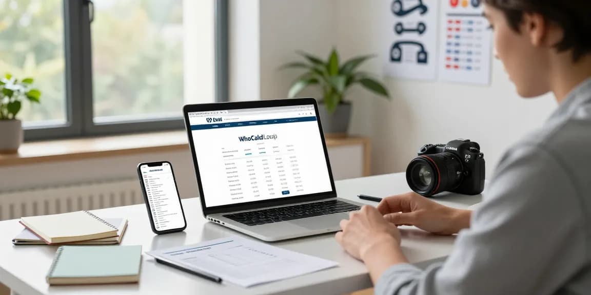 Discover whose telephone number is this UK with a modern reverse phone lookup setup in a bright home office.