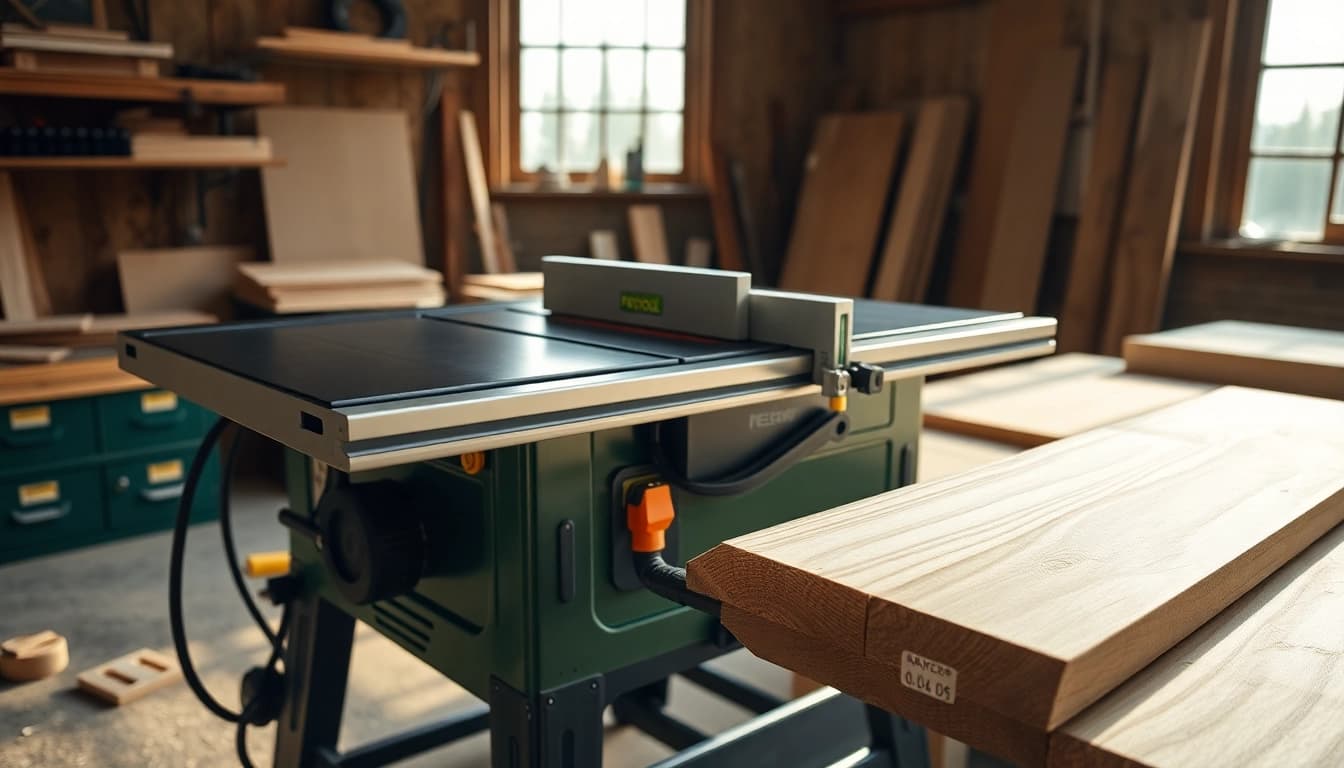 A craftsman expertly operates a Festool table saw, demonstrating precise woodworking techniques.