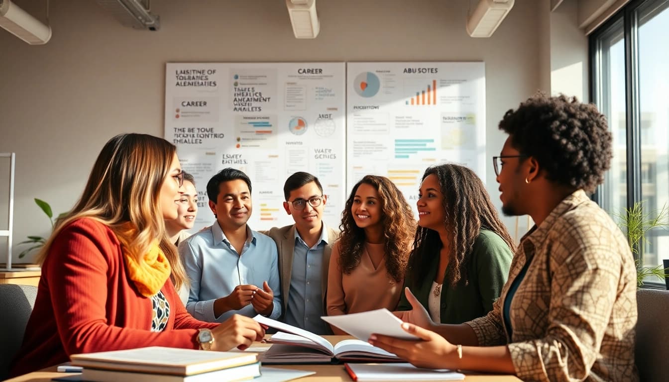 Explore the ideal career options with professionals collaborating on a vision board.