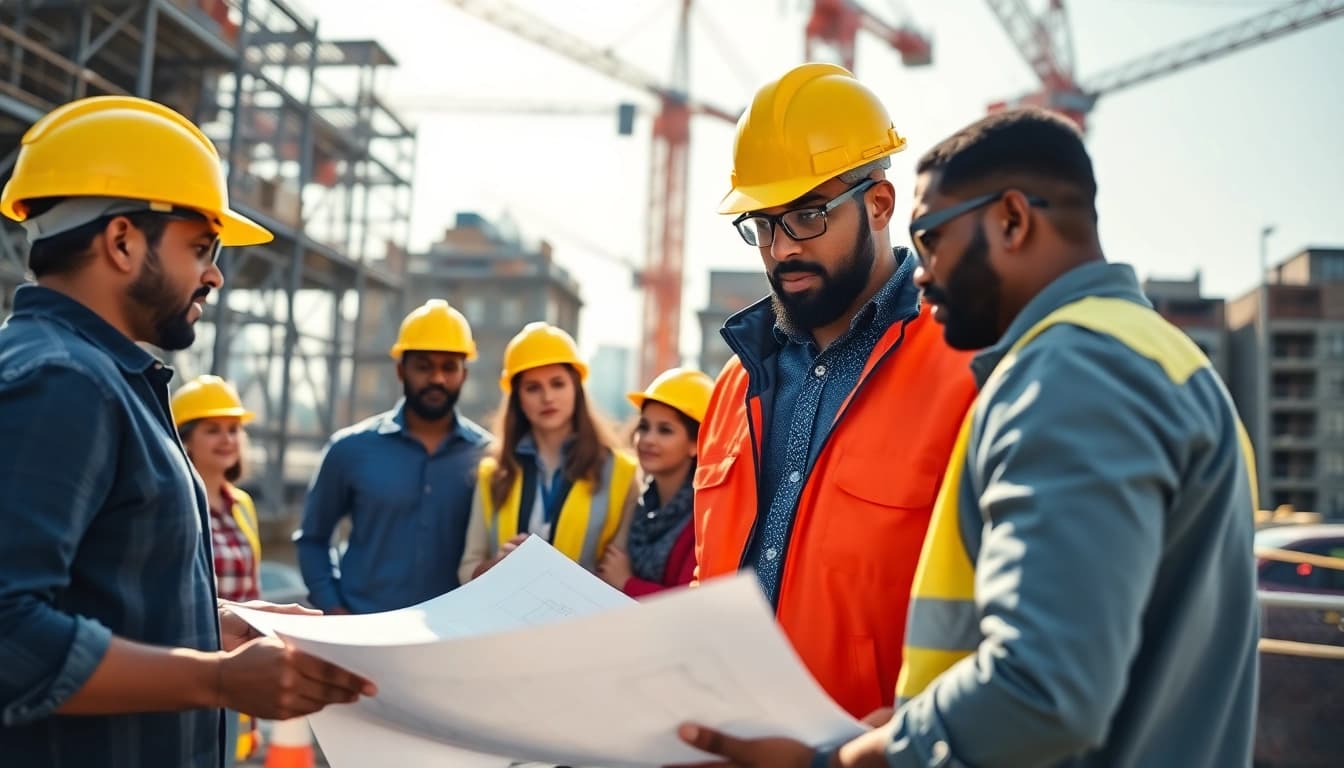New York Commercial General Contractor leading a diverse team on a busy construction site.