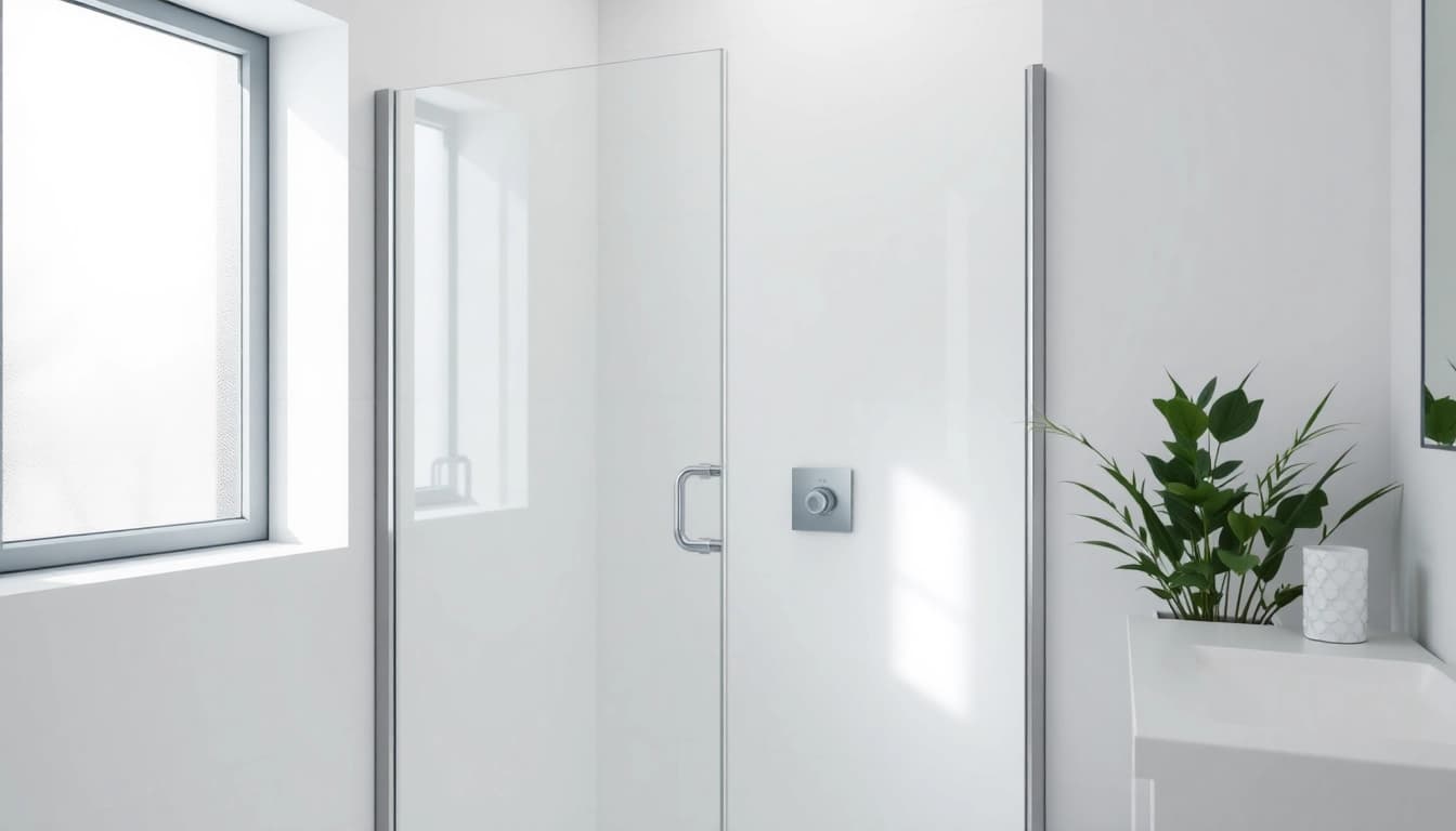 Showcase of a corner shower screen frameless in a sleek, modern bathroom with natural light and minimalist design.