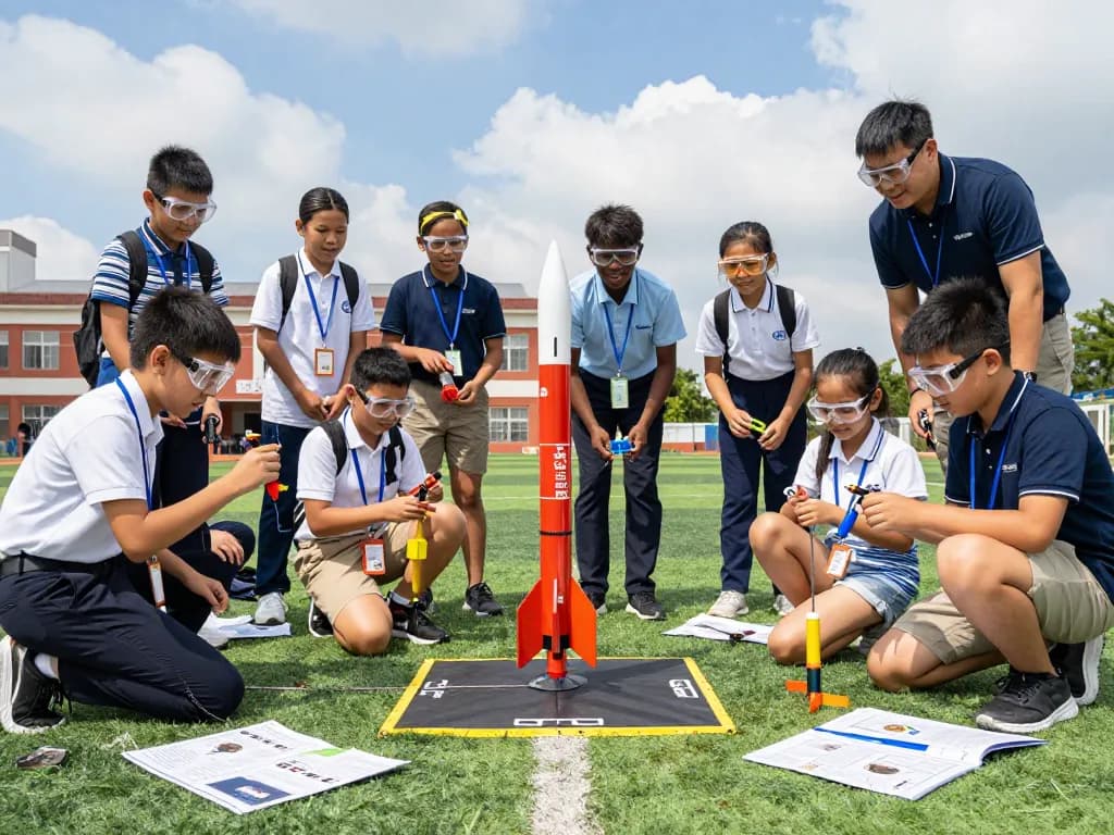 Students excitedly assembling model rocket engines outdoors for a school launch.