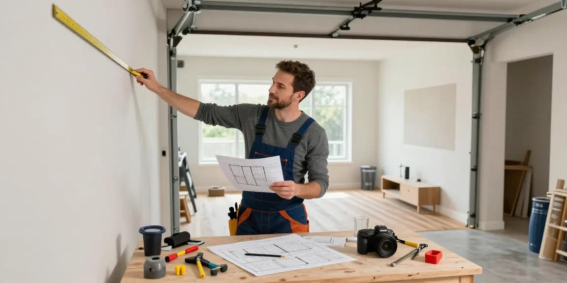 Garage conversion builder collaborating with homeowner on renovation plans in a stylish garage space.