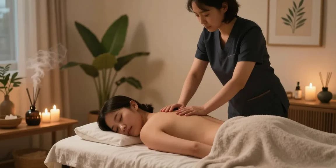 송도출장마사지 offered in a serene home setting with a skilled therapist, soft lighting, and calming ambiance.