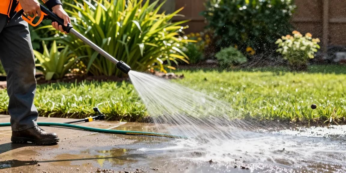 DeWalt jet wash powerfully cleaning a driveway outdoors, highlighting effectiveness and ease of use.