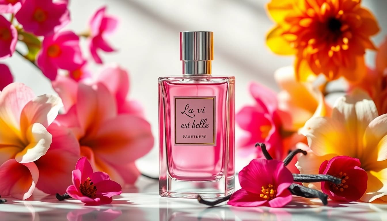 Admire the La vi est belle perfume showcased with flowers and vanilla, offering elegance.