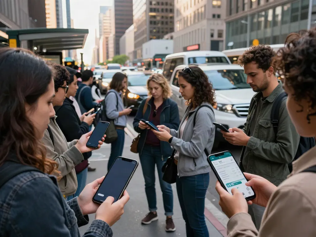 Commuters engaging with the Via app for smart public transportation in an urban setting.