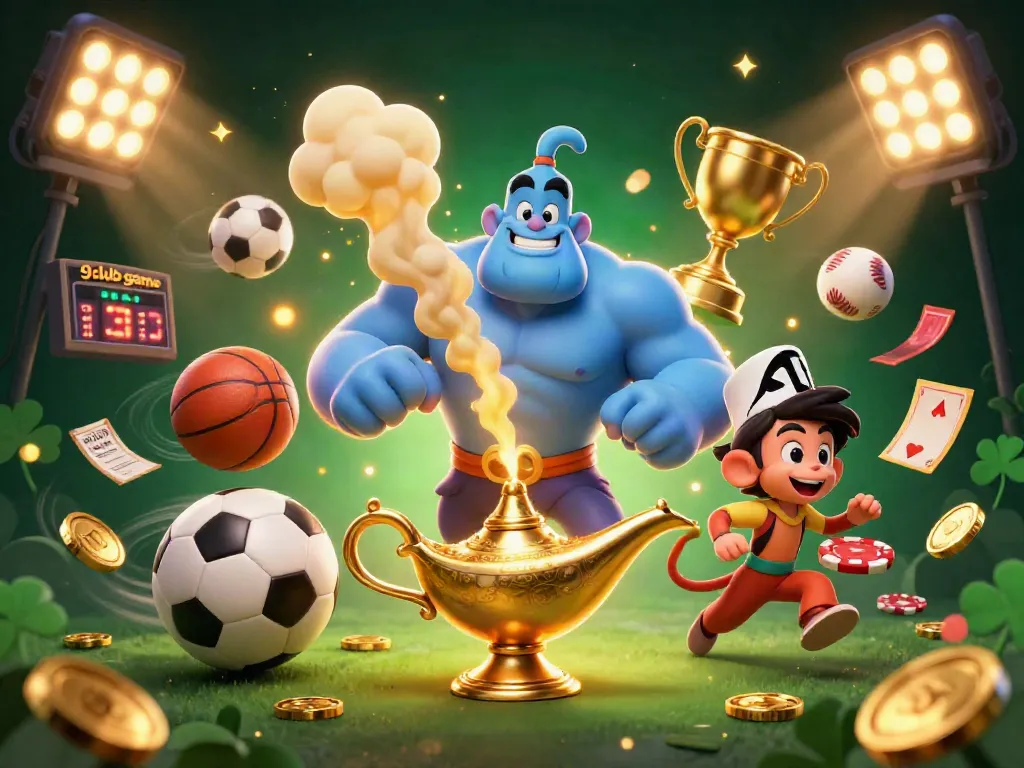 Engage with the 91 club game in a vibrant 3D scene featuring a genie and flying poker chips.