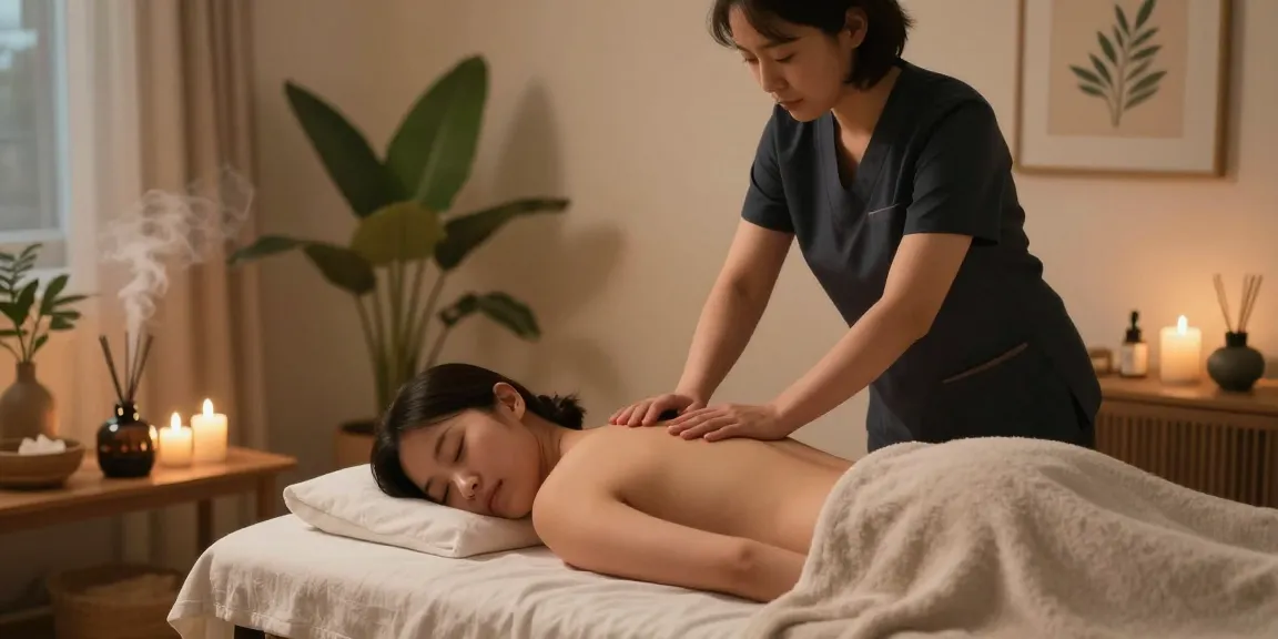 송도출장마사지 offered in a serene home setting with a skilled therapist, soft lighting, and calming ambiance.