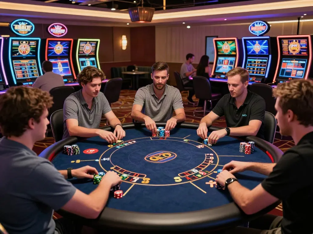 Engaging scene at a LU88 casino with diverse players at interactive gaming tables.