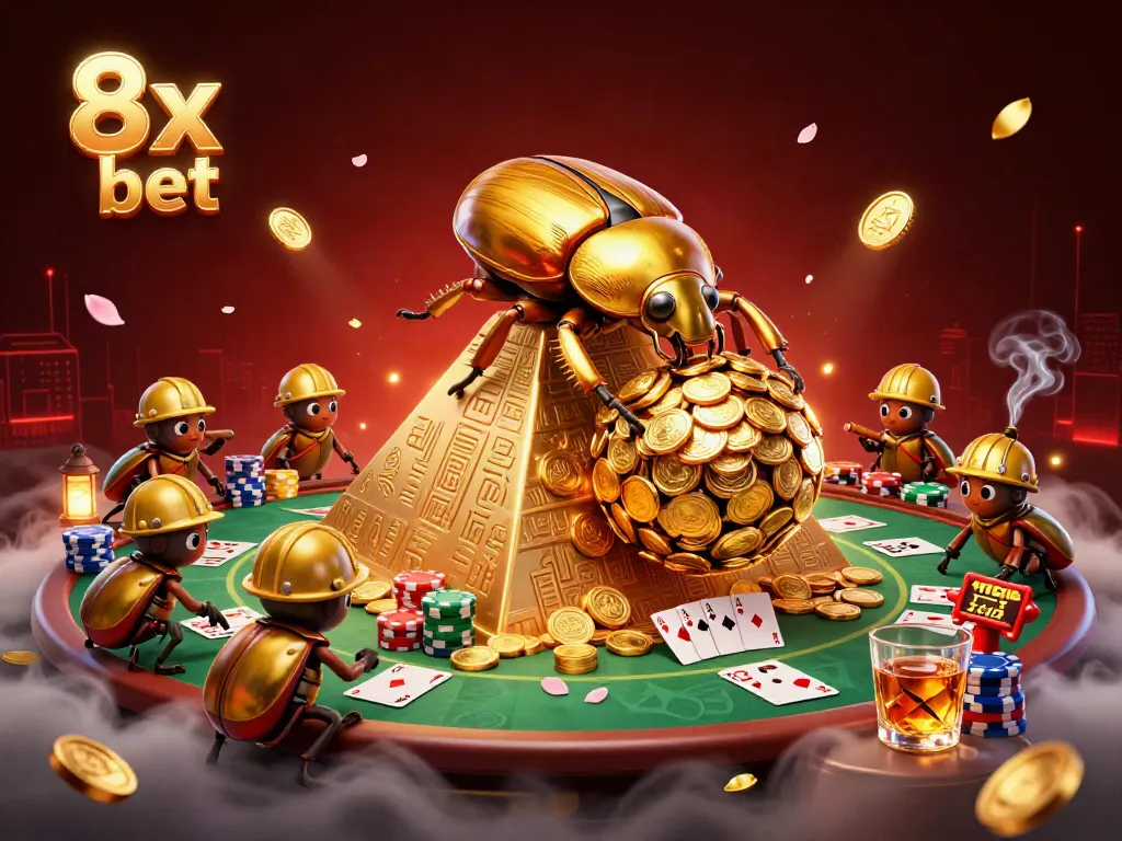 Engage with the vibrant 8x bet scene featuring a massive golden beetle and poker fun.