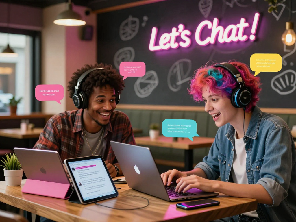 Vibrant spicychat scene with diverse users excitedly engaging in an online chat in a modern café.