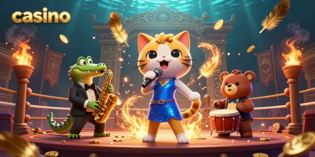 Engaging casino scene with a singing cat, crocodile, and bear cub celebrating gaming excitement.