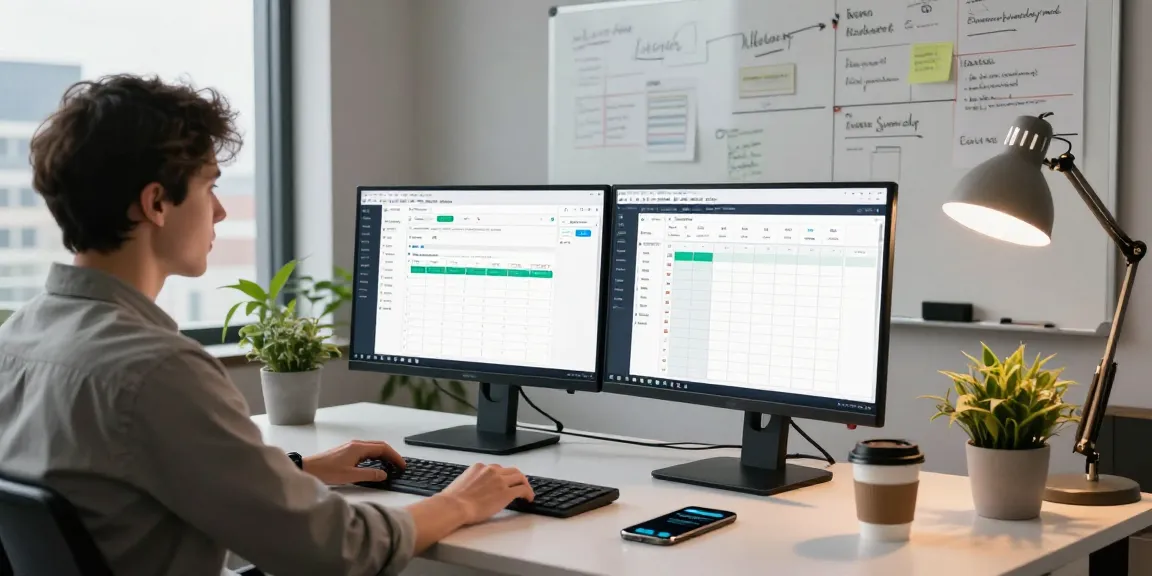 Dynamic rti scheduler workspace with dual monitors and professional engaged in digital scheduling.