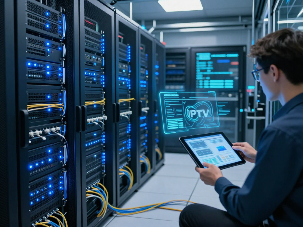 Iptv reseller panel in a modern data center showcasing cloud services and cybersecurity technology.