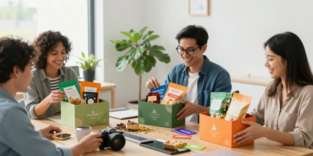 Happy team unboxing employee gift boxes filled with wellness items and gourmet snacks in a modern office setting.