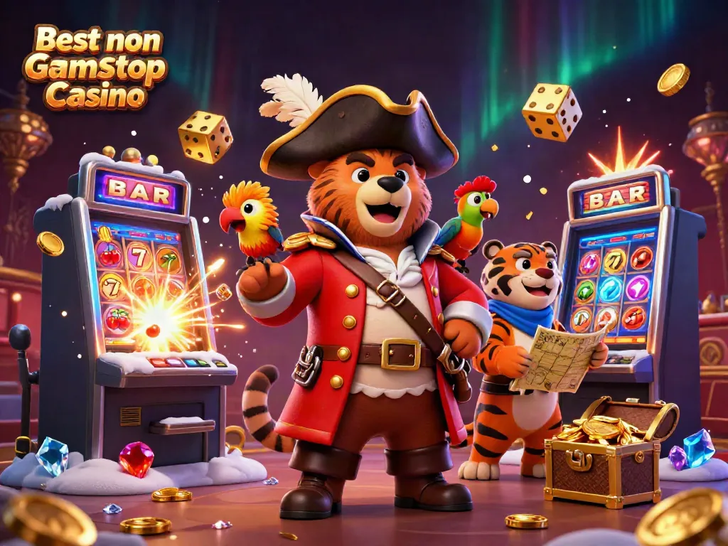 Exciting scene showcasing the Best non Gamstop Casino with pirate characters and dynamic gaming elements.
