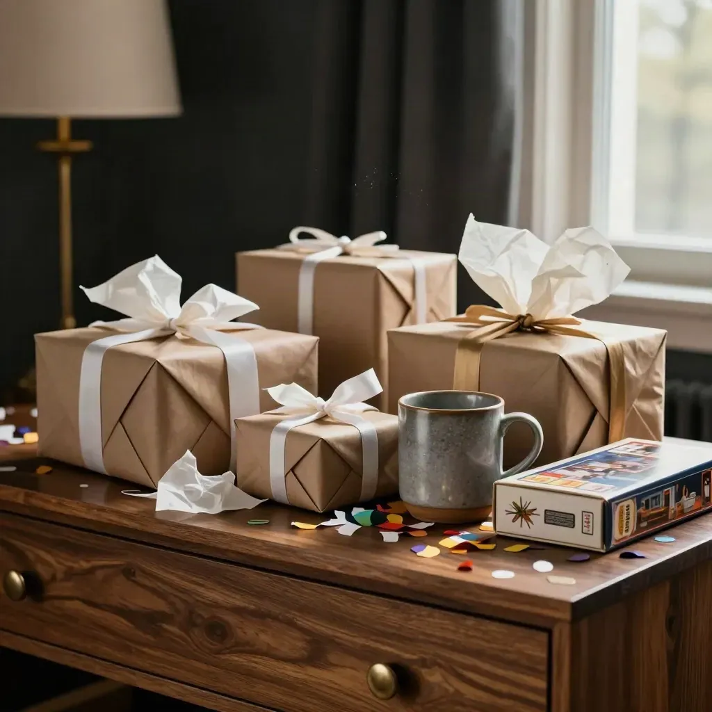 Birthday gifts and confetti gathered on a cosy sideboard after a celebration.