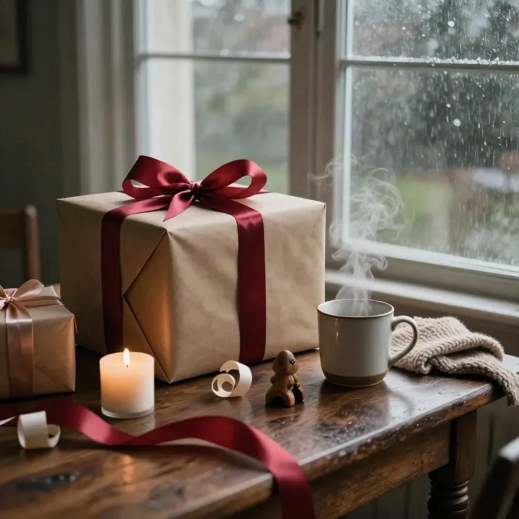 Wrapped gifts, ribbon, mug, candle, toy and scarf by a rain-lit window