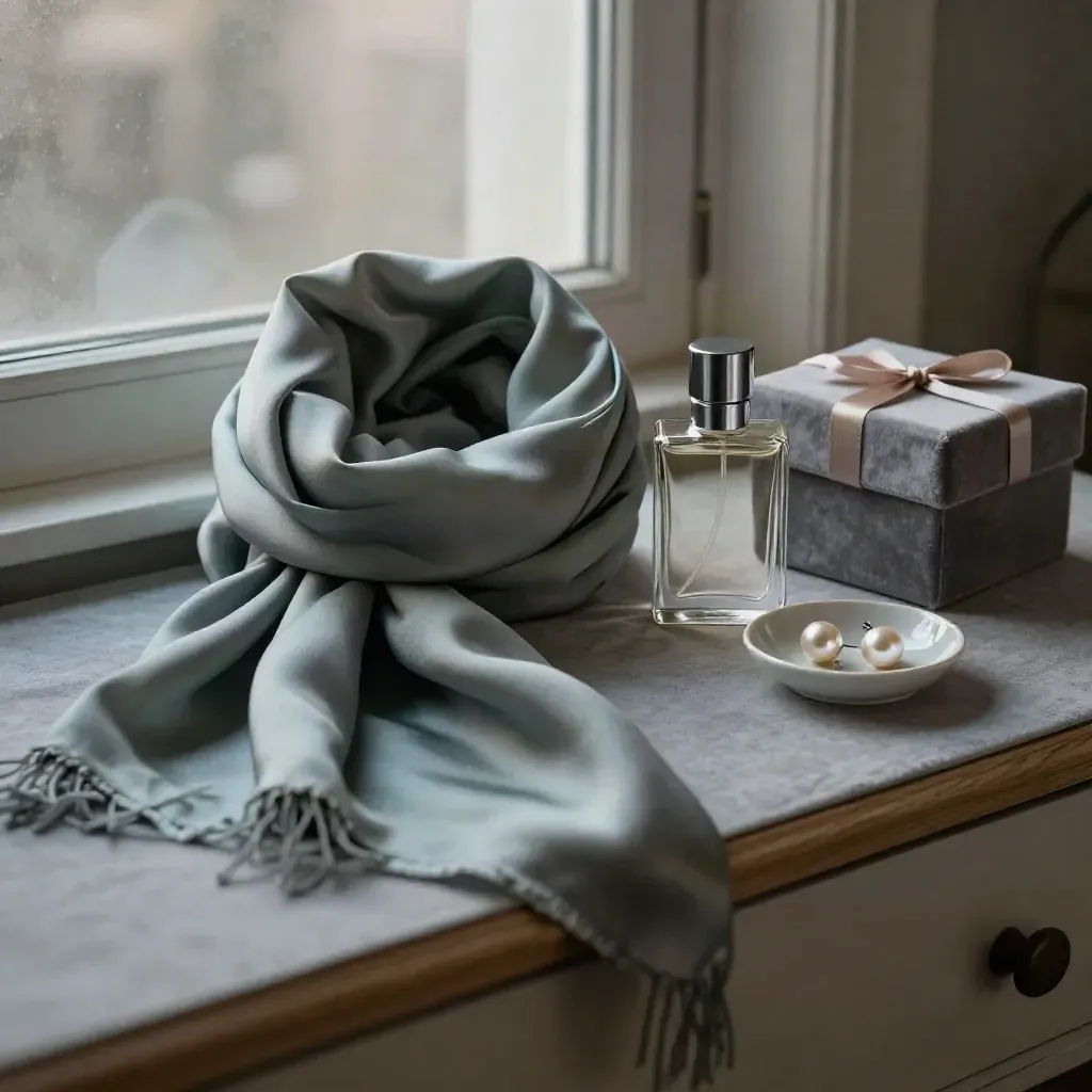 Silk scarf, perfume, pearl studs and velvet gift box on a frosted-window dressing table