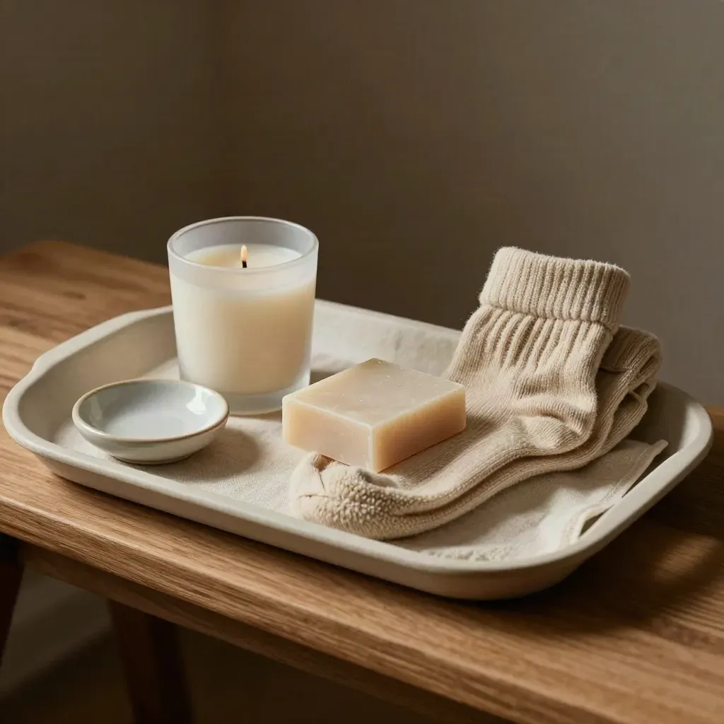 Cream gift set with candle, soap, socks and trinket dish in a top-down still life.