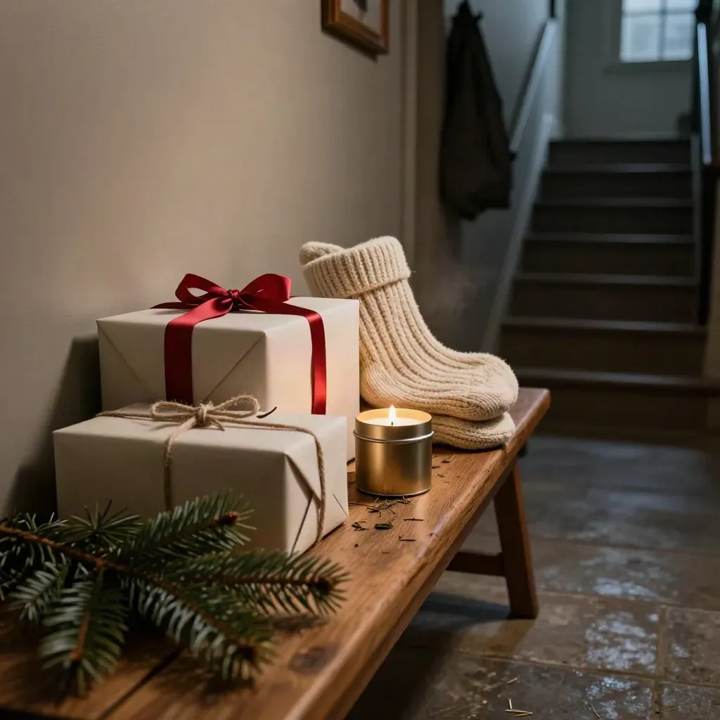 Christmas gifts on a hallway bench with socks, candle and fir clippings at dusk.
