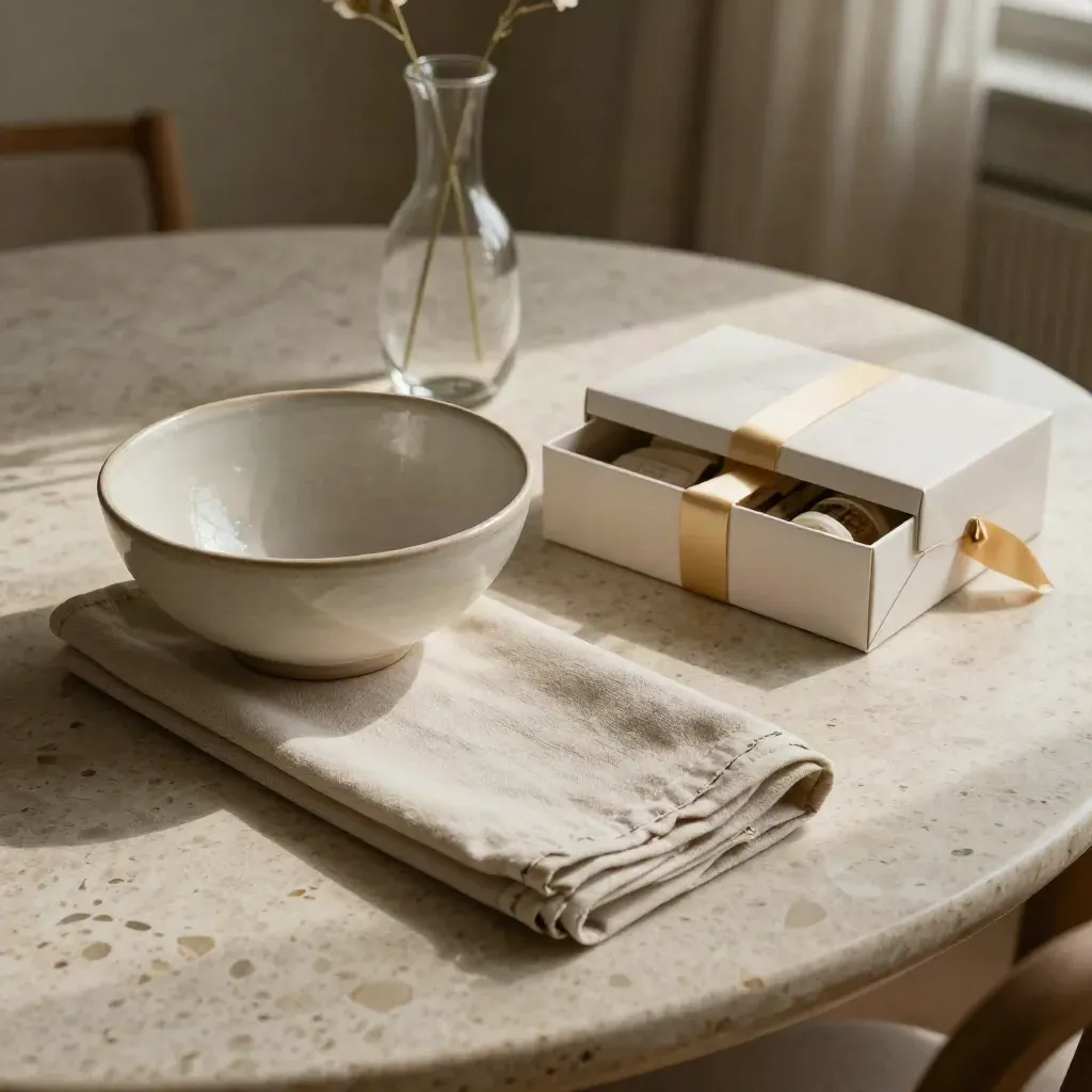Wedding gift bundle on a travertine dining table with bowl, napkins, vase and boxed homeware set.