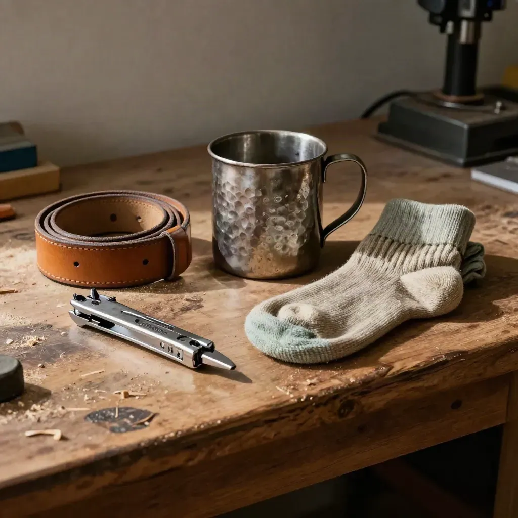 Bench still life of dad gifts: multitool, steel mug, leather belt and wool socks in soft workshop light