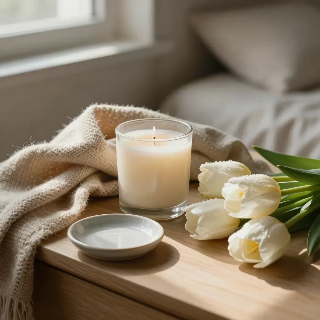 Candle, scarf, ceramic dish and tulips on a bedside table in soft morning light.
