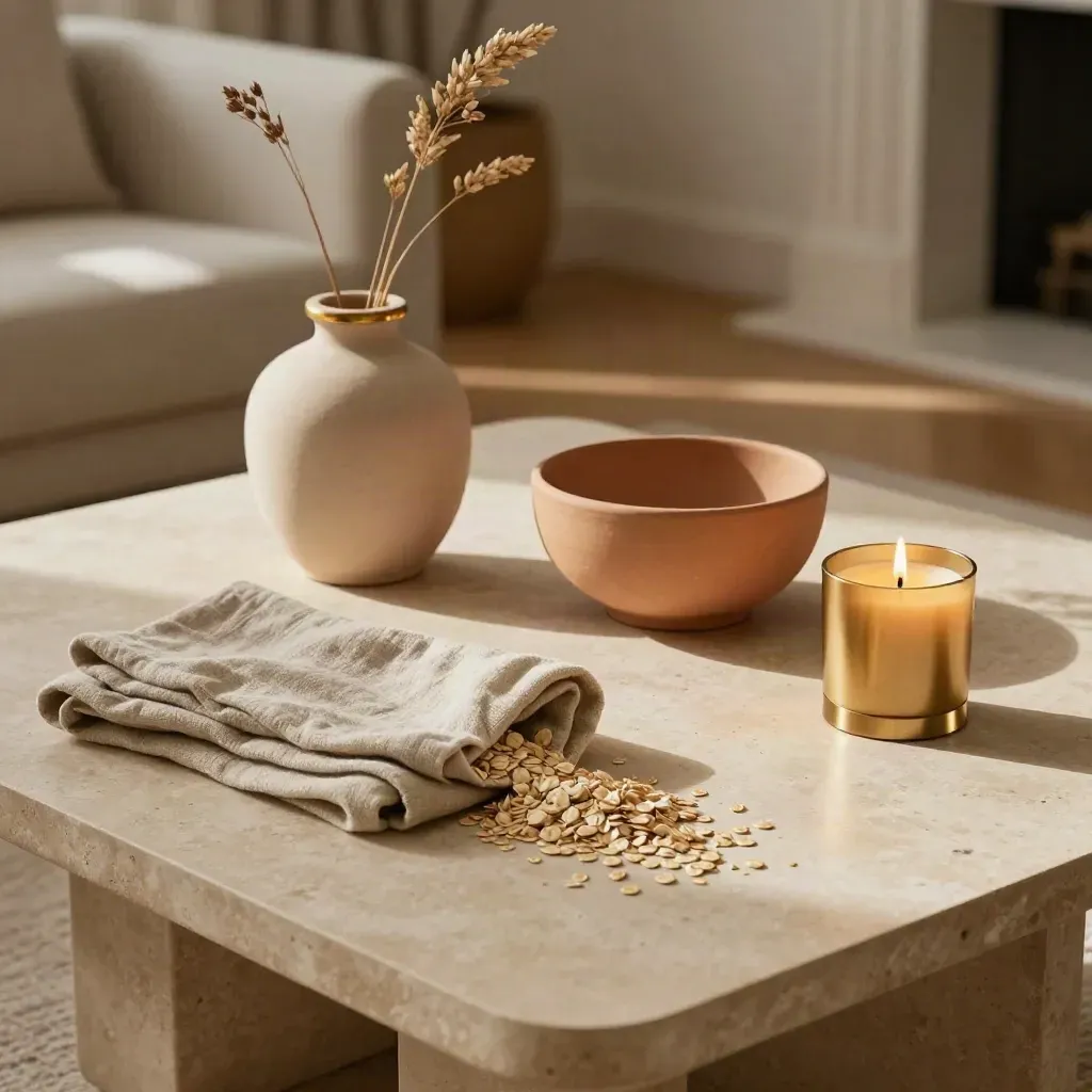 Shared-home gifts on a pale coffee table with vase, bowl, throw and candle in moody light.