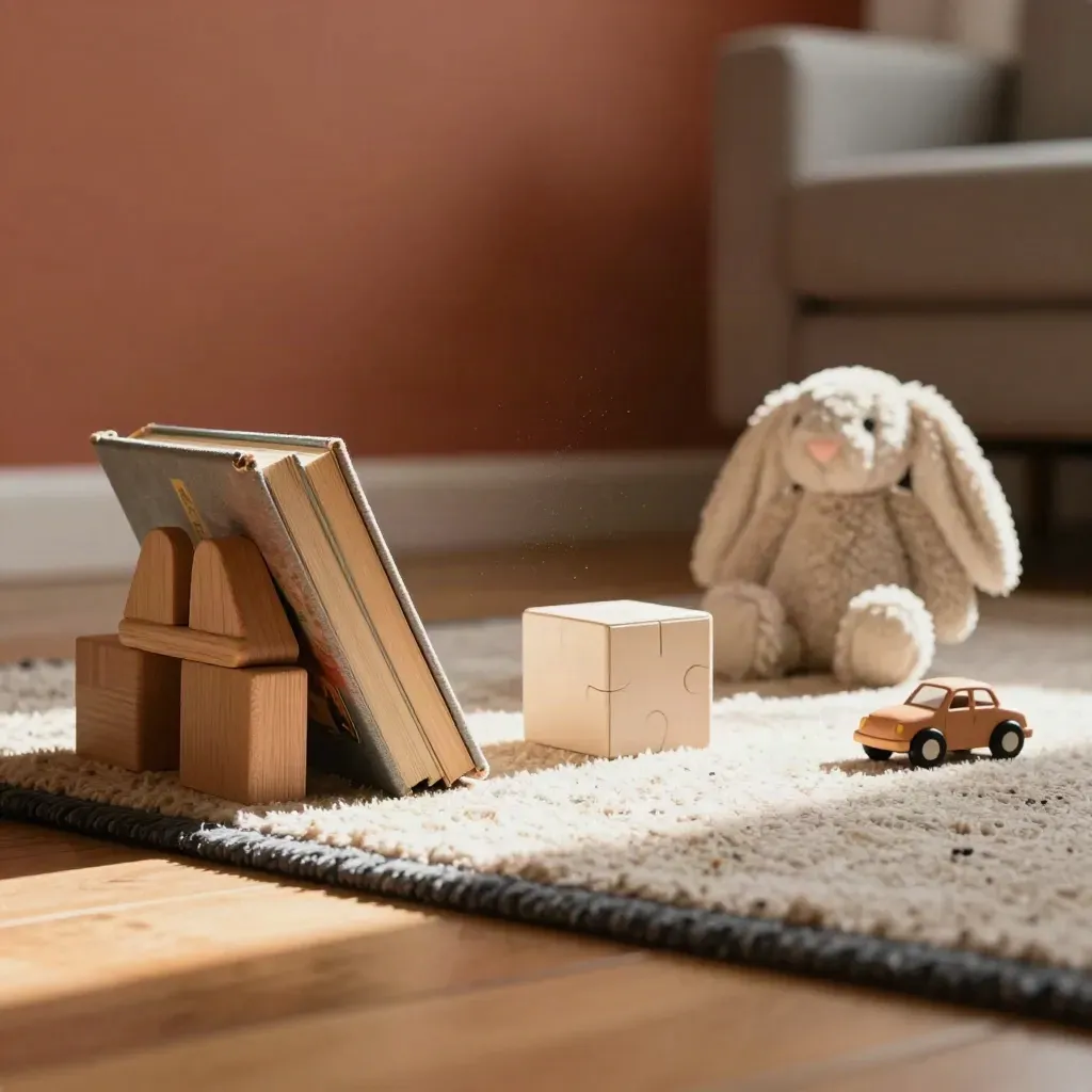 Kids toys scattered on a rug in warm afternoon light