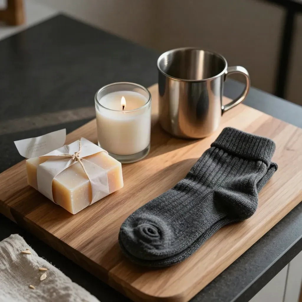 Overhead view of soap, candle, steel mug and charcoal socks on a breakfast board.