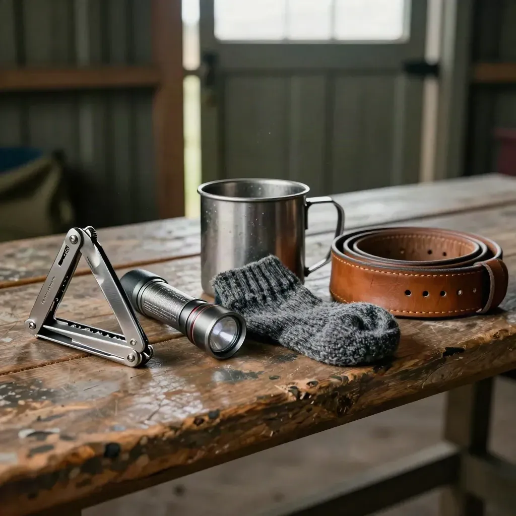 Shed-bench lineup of dad gifts: multitool, torch, steel mug, wool socks and a leather belt.