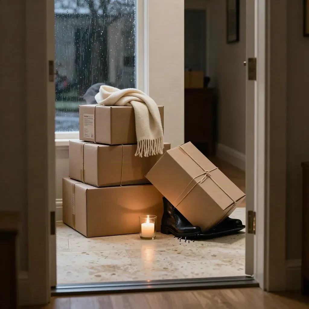 Hallway parcels, scarf, candle and boot tray in warm winter light at the doorway.
