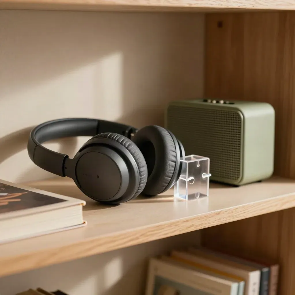 Teen gifts on a bedroom shelf: headphones, a paperback, puzzle cube and portable speaker.