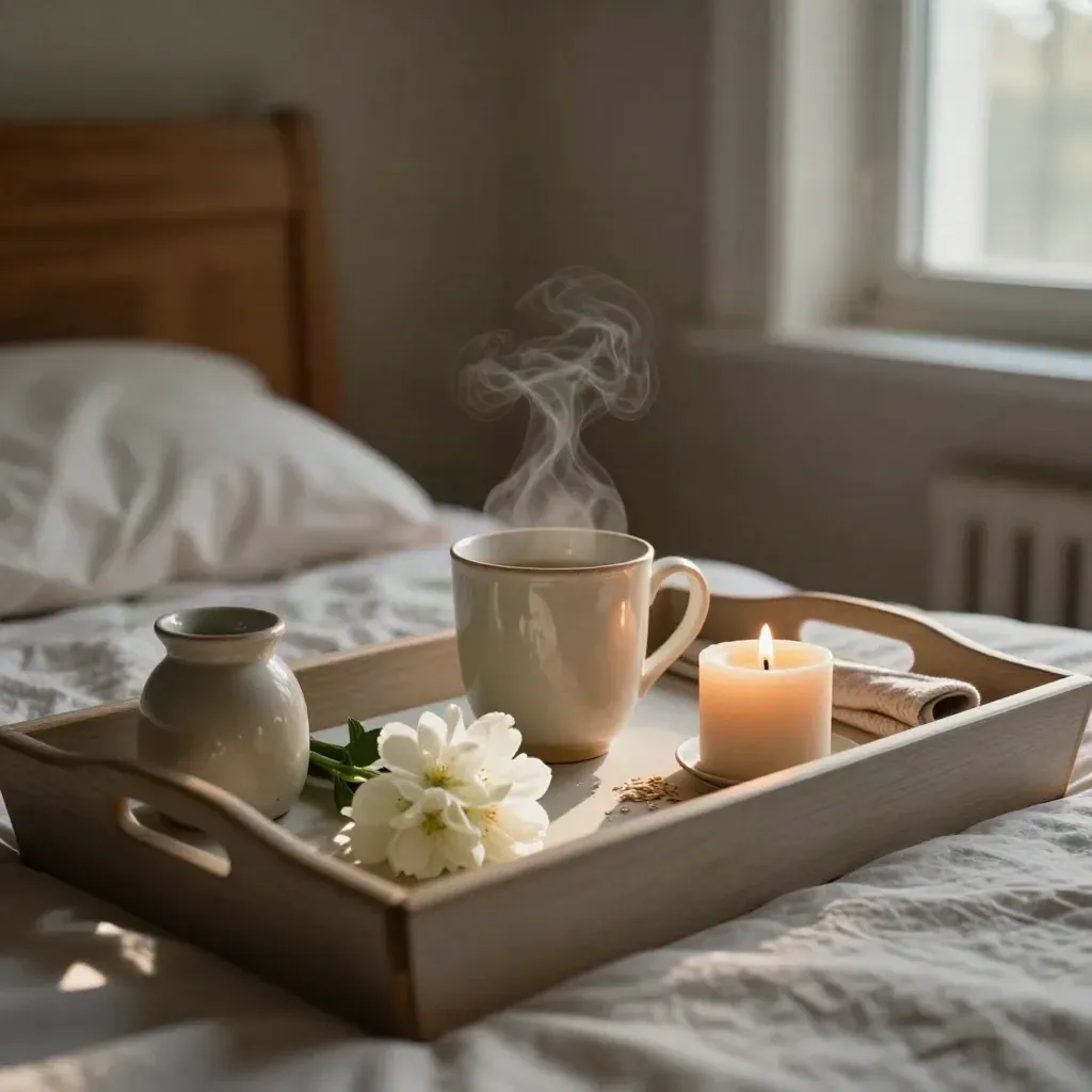 Bedside tray with flowers, mug, candle and folded scarf in warm dawn light.