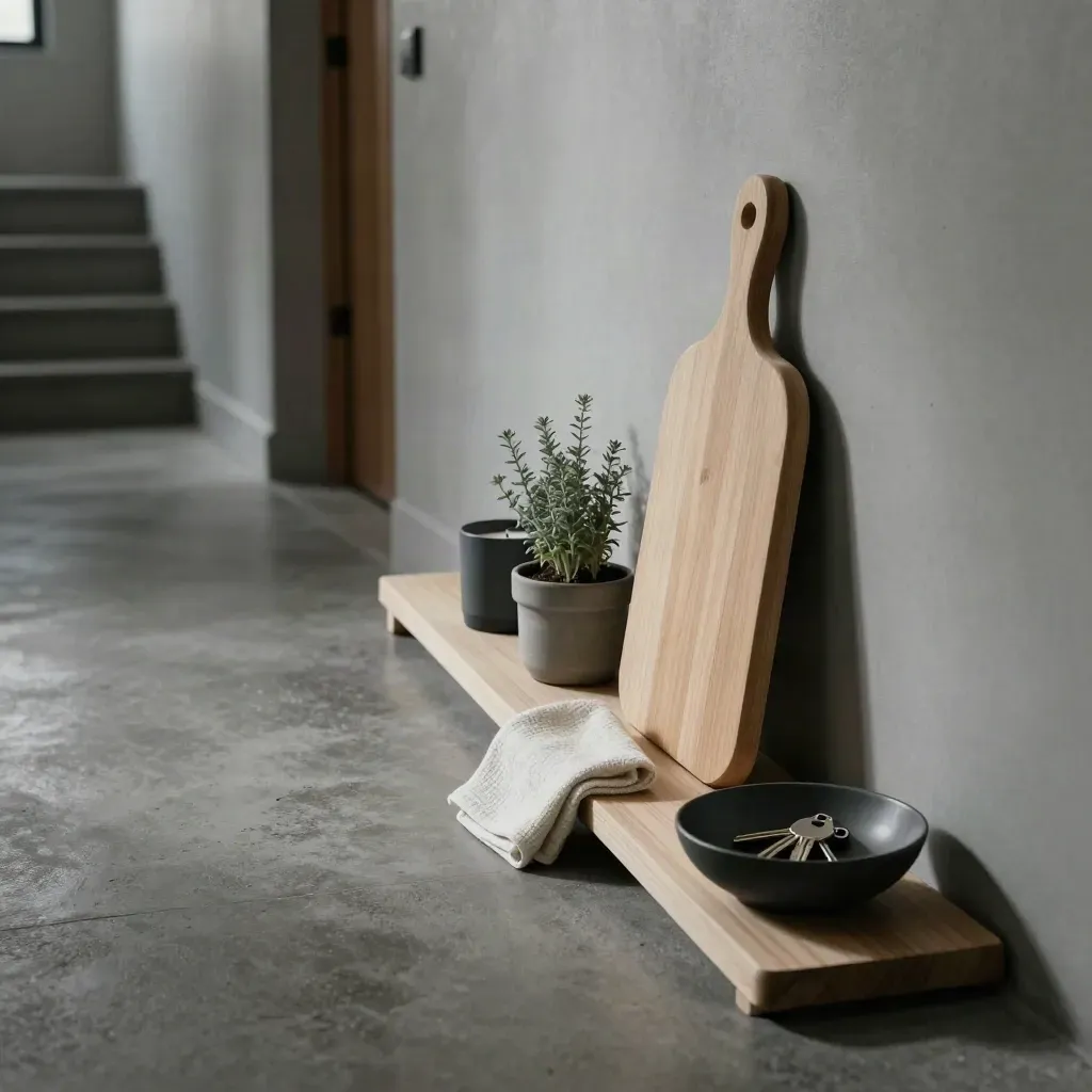 Low hallway console with cutting board, candle, planter, towel and key bowl in soft daylight.