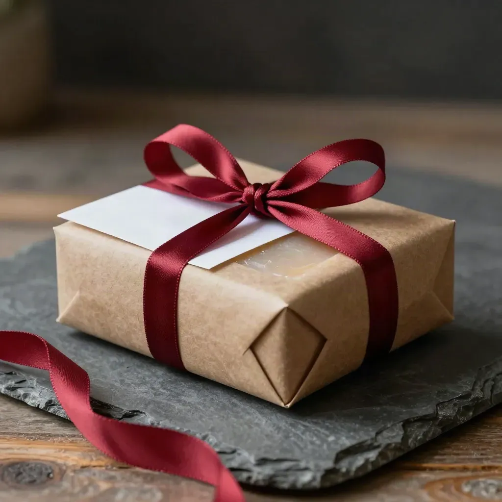 Top-down thank-you gift bundle with soap, face-down card and springy red ribbon on stone