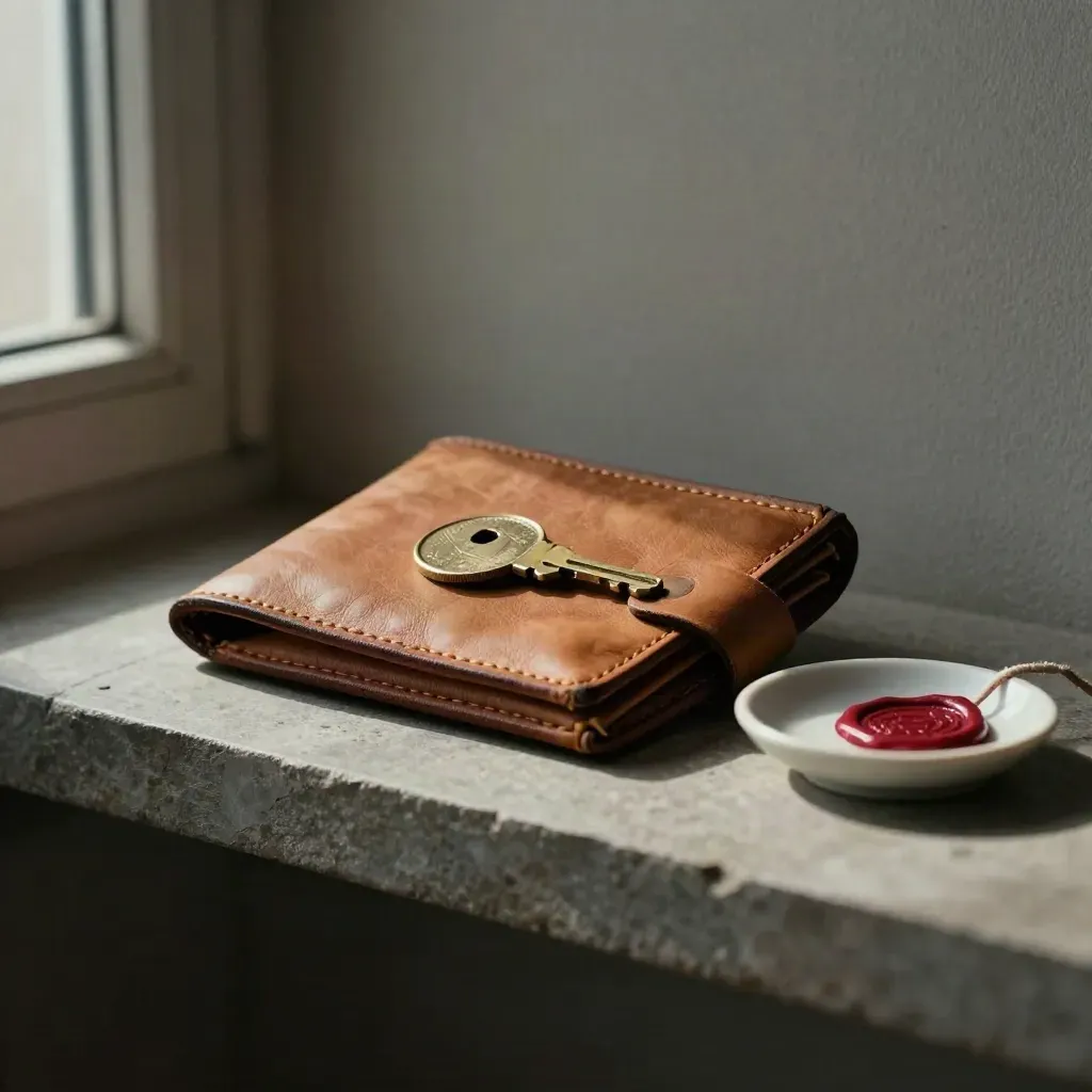 Weathered leather wallet with brass key clip and coin on a stone shelf in soft side light.