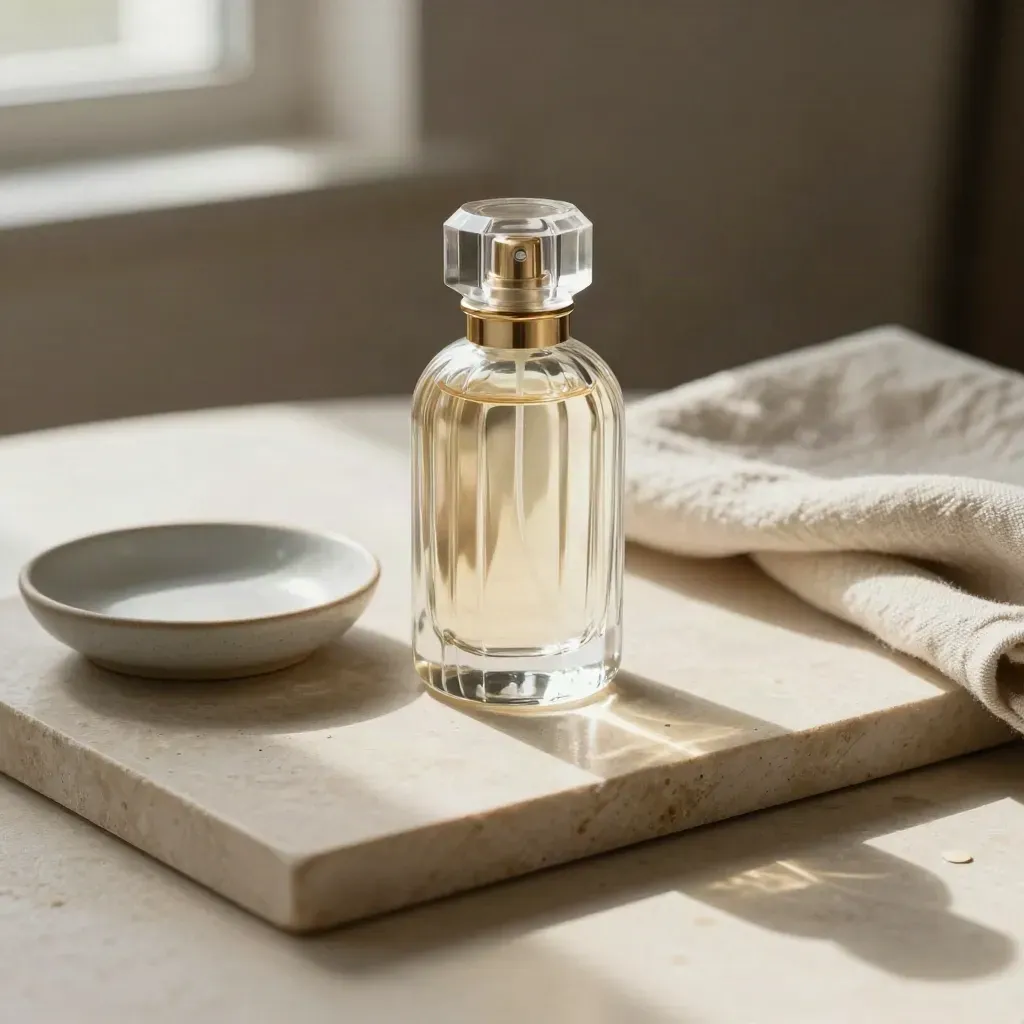 Uncapped ribbed perfume bottle on a stone tray with a ceramic dish and folded linen