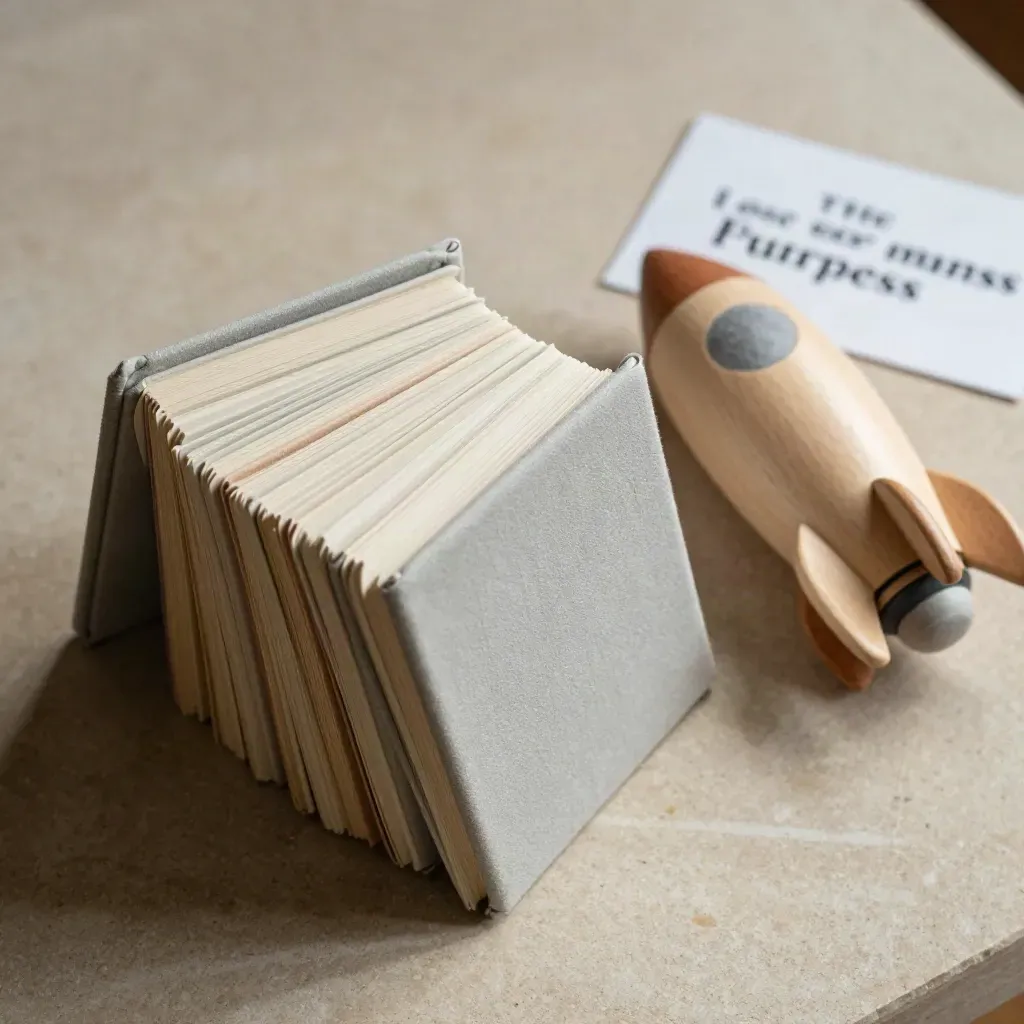Board books, wooden rocket and felt ball on pale stone, kids gift ideas still life.