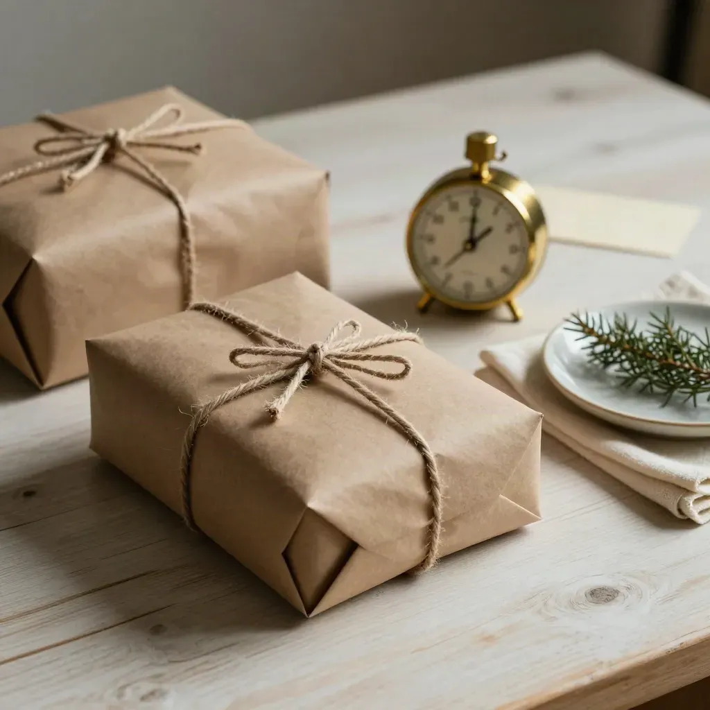 Twine-tied parcels and a brass timer on pale wood with cream linen and evergreen sprig.