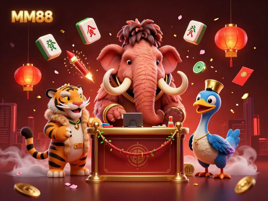 Engage with MM88 by entering a vibrant online casino scene featuring a woolly mammoth bouncer surrounded by festive elements.